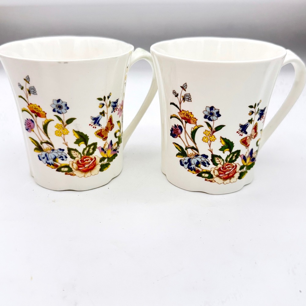 Aynsley Home Coffee Mug Set 2 Bone China Cottage Garden Floral Fluted England